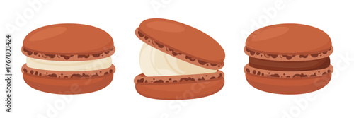Caramel macaron assortment, cream filled sandwich biscuits, confectionery desserts pack, stylish patisserie clipart, sweet bakery vector