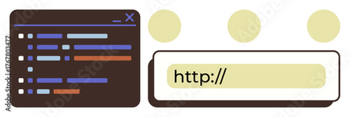 Coding window with colored lines indicating programming, URL bar with http, and abstract dots. Ideal for coding, web design, programming, technology, development, digital creativity simple flat