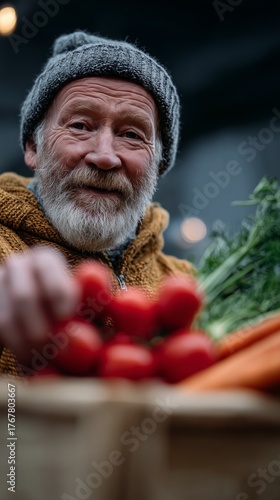 Smiling elderly man with a gray beard holding fresh tomatoes.