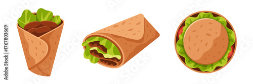 Stuffed flatbread wraps, crispy roll, soft pocket sandwich, lettuce tomato filling, takeaway snack collection, vector illustration, restaurant clipart