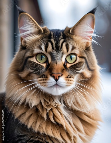 Close-up of a fluffy cat with green eyes and detailed facial markings