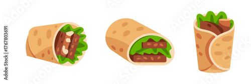 Burrito wrap icons, stuffed tortilla with vegetables, Mexican inspired street food, spicy lunch illustration, restaurant vector