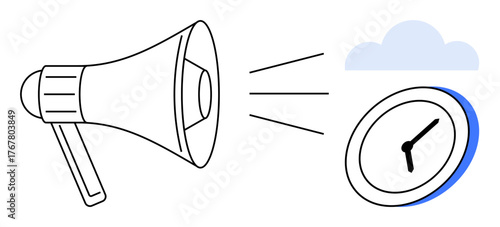 Megaphone projecting sound waves toward a clock and cloud, representing communication, urgency, timing, technology, productivity, deadline awareness, and alerts. Ideal for a simple flat metaphor