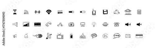 Collection of various electronic devices and office supplies in a simple line art style design icon set. Set of Hand Drawn Telephone and Smartphone Icon Collection. EPS, vector illustration.