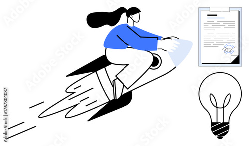 Woman riding rocket representing progress, clipboard with document for agreements, lightbulb for ideas. Ideal for startup growth, innovation, leadership, creativity, entrepreneurship, agreements