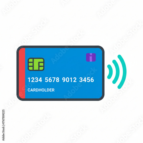 A blue credit card icon with a contactless payment signal, representing digital transactions, banking, and online payments
