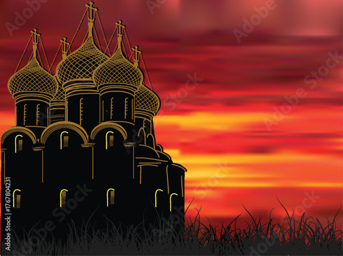 gold abd black orthodox charch at red sunset