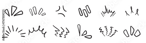Set of line effect surprize shine burst hand drawn. Set of cute line doodle hand drawn icons in manga Japanese style. Comic motion, movement, magic, twinkle effect, vector illustration.