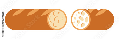 Long baguette bread, sliced sections, airy crumb texture, artisan bakery theme, fresh food icons, vector illustration, culinary clipart