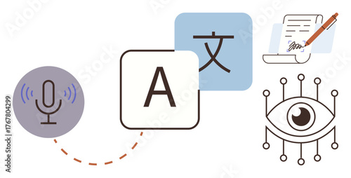 Microphone, language symbols, document, and eye represent translation, speech-to-text, accessibility, AI technology, and language learning. Ideal for communication education AI accessibility