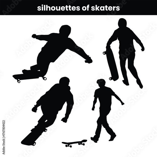 Black silhouettes of skaters and skateboarders on a white background showing various skateboarding poses perfect for urban sport design street culture illustration and extreme sports themed vector art