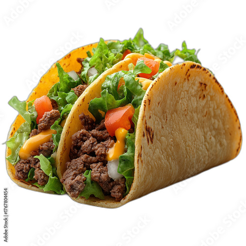 Close up view of three tacos filled with meat lettuce and tomatoes on transparent background