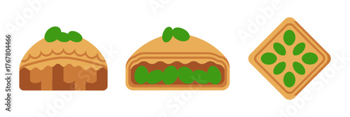 Savory pastry set, layered pie slice, herb filled snack, diamond cracker cookie, bakery icon pack, vector illustration