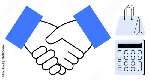 Handshake symbolizing agreement alongside a shopping bag and calculator. Ideal for business, economics, teamwork, trade, financial decision-making, ecommerce, simple flat metaphor