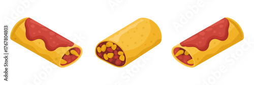 Tortilla wrap collection, baked rolls with sauce, open end view, hearty filling, family dinner concept, savory kitchen vector