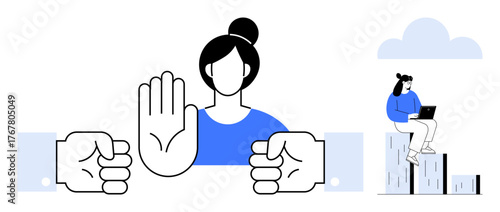 Woman raising hand to mediate between disputes, figures confronting each other, calm individual working on laptop. Ideal for teamwork, conflict resolution, leadership, balance, negotiation