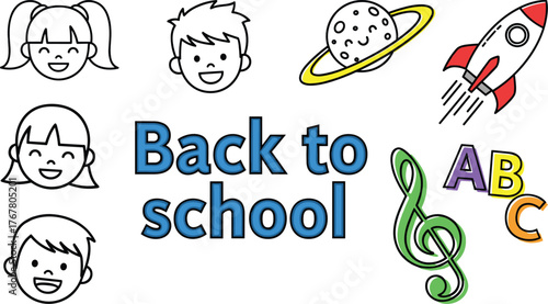 A black and white line drawing vector illustration with colored accents on a white background features various icons related to education and space, centered around the phrase "Back to school.