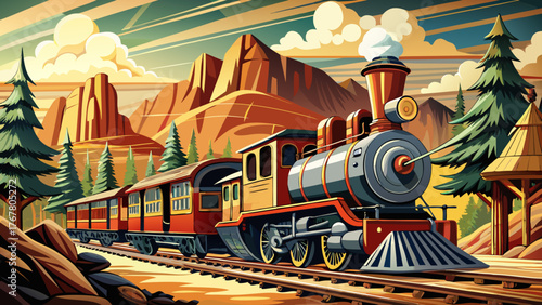 Very beautiful vintage steam train in Chama, New Mexico, USA, surrounded by scenic countryside hills and rustic tracks, evoking nostalgic charm and timeless atmosphere of classic railway travel.