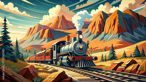 Very beautiful vintage steam train in Chama, New Mexico, USA, surrounded by scenic countryside hills and rustic tracks, evoking nostalgic charm and timeless atmosphere of classic railway travel.