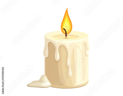 Cartoon candle burning with dripped wax, centered on a black background, emanating bright light from a bright orange flame