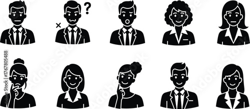 Diverse group of business people showing various emotions and expressions in a simple illustration style