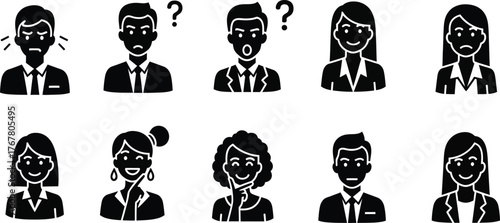 Diverse group of business people showing various emotions and expressions in a simple illustration style