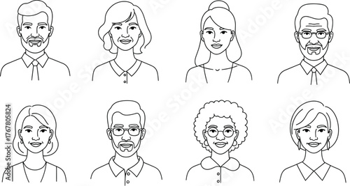Diverse group of hand drawn people portraits showing different ages and genders in sketch style