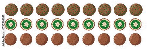 Falafel and cucumber border pattern, repeating round snacks, seamless food divider, appetizer decoration strip, vector illustration, isolated