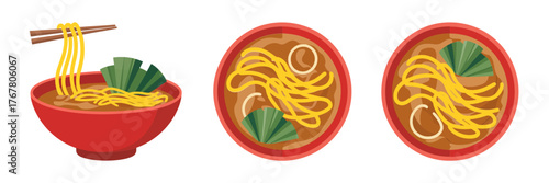 Noodle bowl trio, chopsticks lifting noodles, top view bowls, Asian street food icons, restaurant menu vector, isolated