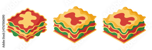Layered lasagna squares with sauce swirls, pasta stack icons, homemade Italian meal clipart, delicious food vector, isolated