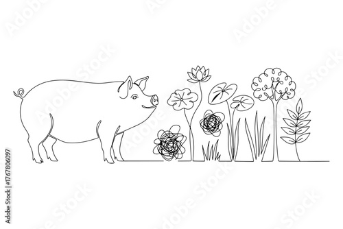 vector illustration of a pig,
Continuous Line Drawing of Pig in a Field,
Whimsical Black and White Illustration