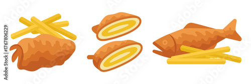 Fried seafood platter with crispy fish, stuffed shells, lemon garnish, golden batter texture, comfort food graphic, menu vector