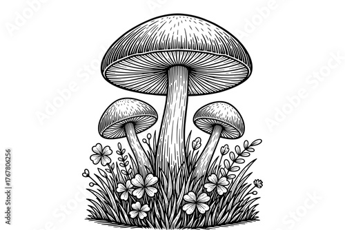 mushroom isolated on white,
Mushroom Cluster Illustration,
Black and White Whimsical Line Drawing