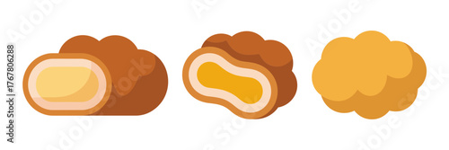 Sweet filled dough bites, creamy center pastries, crunchy golden coating, dessert snack illustration, bakery menu element, vector design