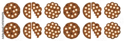 Assorted chocolate cookies set, whole and bitten pieces, crunchy dotted chips, dessert collection, sweet bakery clipart vector