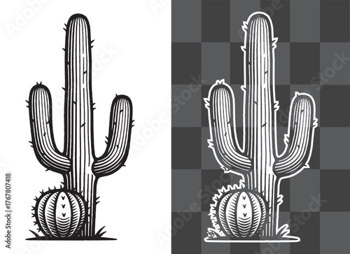 Wild West Cactus Vector Illustration in Vintage Western Engraving Style Perfect for Posters Stickers Logos Apparel and Western Decor Featuring Classic Desert Plant Artwork with Rustic Detailed Design