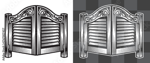 Western Saloon Doors Vector Illustration in Vintage Engraved Style Perfect for Posters Stickers Logos Bar Decor and Cowboy Themed Designs Featuring Classic Old West Swinging Door Artwork