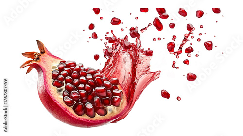 Pomegranate with juice splash and seeds isolated on a transparent white background, clipping path