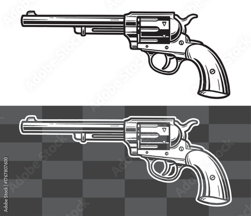 Western Revolver Vector Illustration in Detailed Vintage Engraving Style Perfect for Posters Stickers Logos and Historical Designs Featuring Classic Six Shooter Gun Artwork Symbolizing the Old Wild