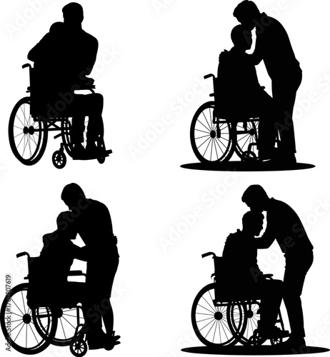 Compassion and Care Silhouette with Wheelchair Friendship and Support for Disabled People Vector