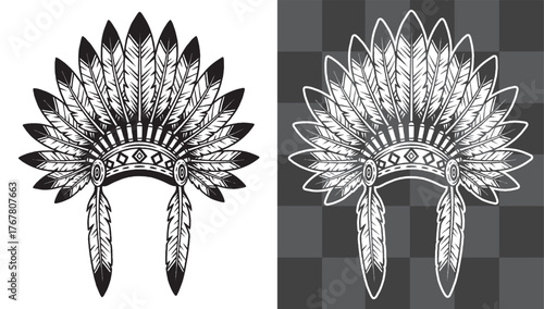 Native American Headdress Vector Illustration in Vintage Engraving Style Perfect for Posters Stickers Logos Apparel and Western Decor Featuring Traditional Tribal Feather Artwork with Historical