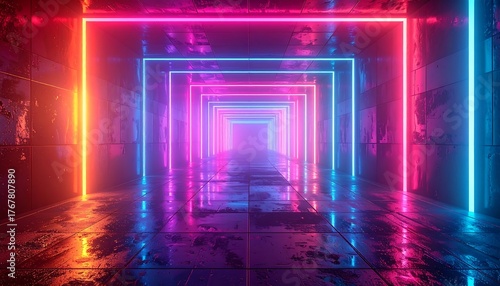 Fototapeta Naklejka Na Ścianę i Meble -  Futuristic tunnel bathed in neon light, with square frames