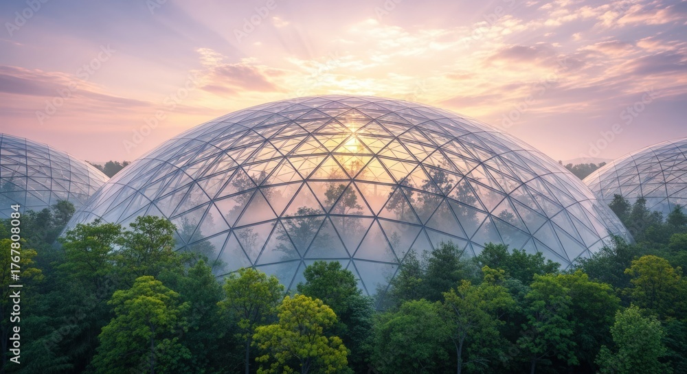 Fototapeta premium Spectacular aerial view of futuristic glass dome structures in a forest.