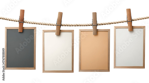 Five monochrome landscape photos hang on a clothesline