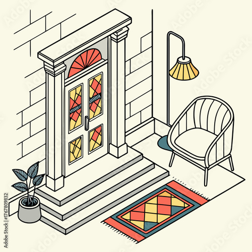 Isometric illustration of an entryway shows a door with colorful glass panels, flanked by a chair and rug. Uploaded for use as illustrative editorial content.

