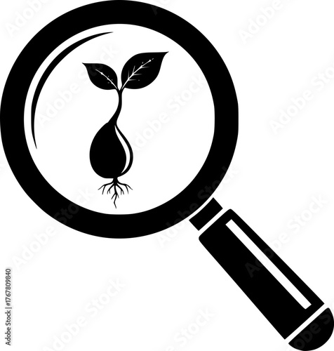 Precision Agriculture & Biotech Seed Magnified Silhouette - Research Focus Black Vector Icon on White
