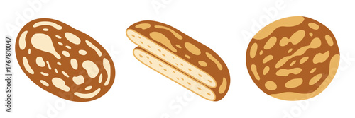 Variety cookie set, nutty slice biscuit, rolled wafer cookie, round chocolate chip piece, sweet snack vector illustration