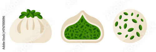Dumpling bun set, round steamed bao, open pea filling, sesame sprinkle circle, handmade snack graphic vector