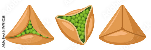 Triangle snack collection, open pea samosa, golden fried pastry, crunchy street treat, indian style appetizer, flavorful vector illustration