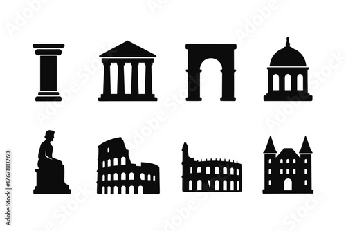 Iconic historical architecture silhouettes featuring roman and greek landmarks